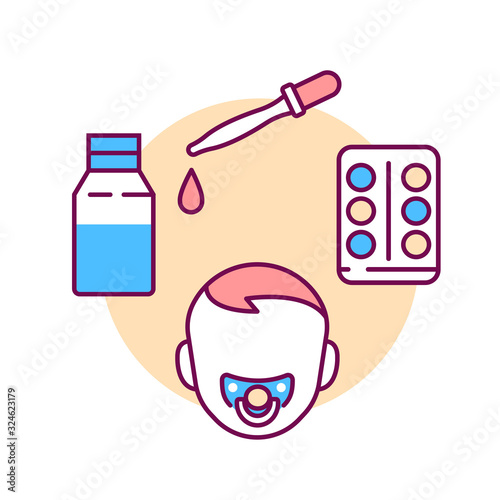 Dosage medicines for children color line icon. Pediatric health care sign. Childcare concept. Pictogram for web page, mobile app, promo. UI UX GUI design element.