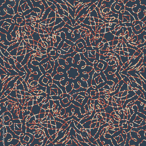 Dotted lacy mandalas seamless vector pattern on a dark background. Decorative surface print design.