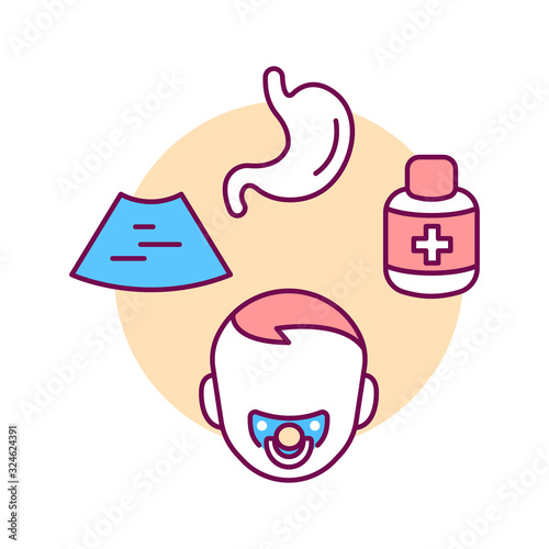 Pediatric gastroenterology color line icon. Check and treatment gastric tract in children. Pictogram for web page, mobile app, promo. UI UX GUI design element.