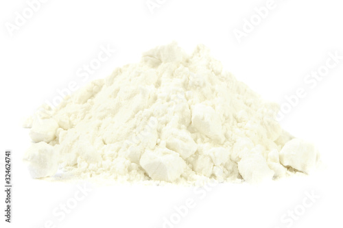 Closeup of tapioca starch or powder flour on a white background. Powder starch on a white background. Pile potato starch isolated on a white background. Heap of corn starch on a white background.