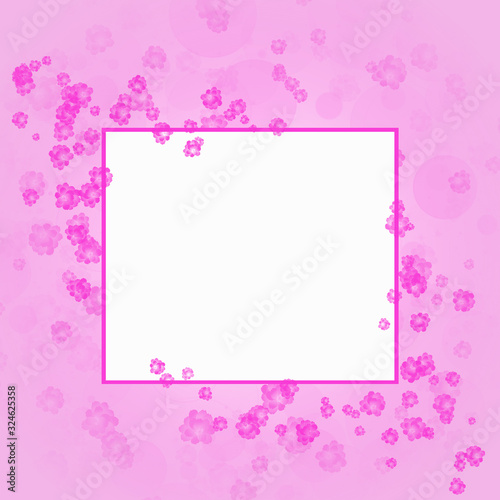It's spring time! Blank white card with purple frame and purple flowers on pink background. Illustration.