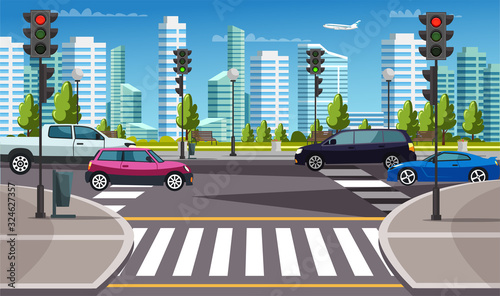City road with crossing on urban street cityscape