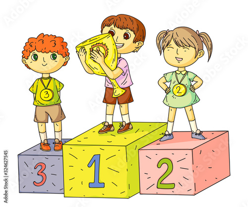 Happy kids standing on competition winner podium with gold trophy cup and medals. Medalists on sports pedestal. Cartoon children characters. Vector flat illustration.