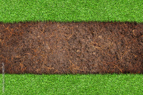 Top view of Brown soil with green grass meadow field..