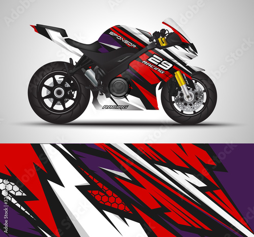 Racing motorcycle wrap decal and vinyl sticker design. Concept graphic abstract background for wrapping vehicles, motorsports, Sportbikes, motocross, supermoto and livery. Vector illustration. © RacingWrap