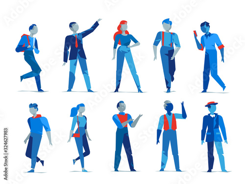 Personaggi maschili e femminili per l'animazione. Collezione di donne e uomini in diverse posizioni isolati sullo fondo bianco. Illustrazione vettoriale