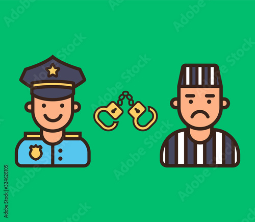 contented policeman and angry prisoner. character vector icons