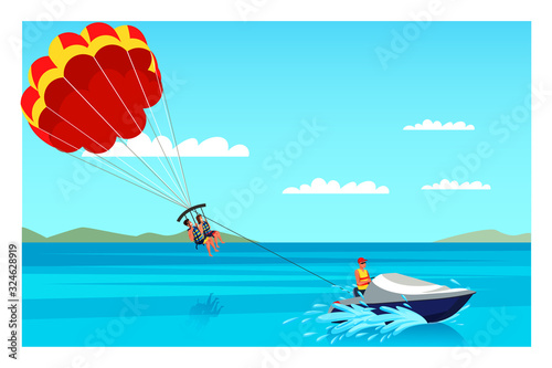 Parasailing illustration. Unforgettable experience. Sea resort and beach activities vector layout. Active and adventure holiday idea. Summer vacation.