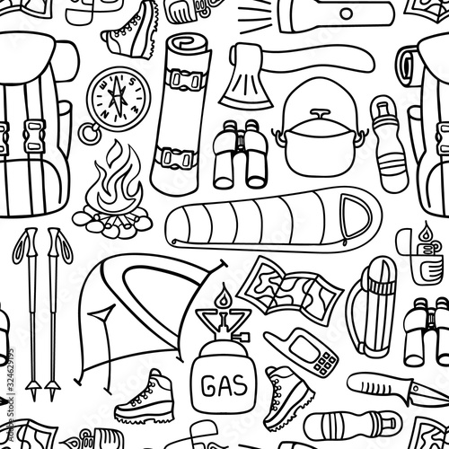 Outdoor sports seamless pattern. Hiking and backpacking background. Camping doodle print. Black and white. Vector illustration.