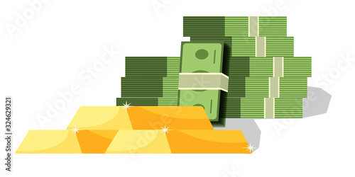 Banknote money cash and gold bar isolated on white