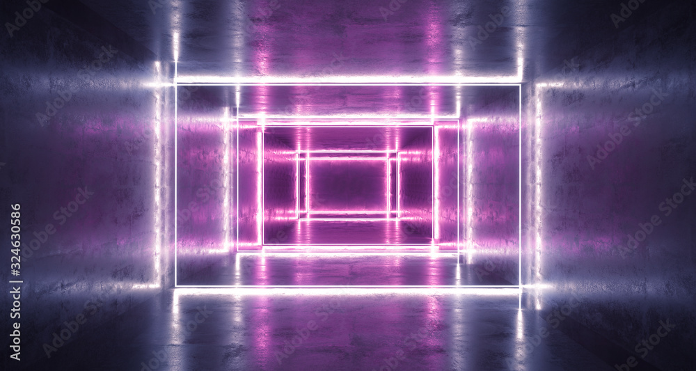 Long Concrete Tunnel With Different Light Stripes And Empty Space With Reflections.3D Rendering Long Concrete Tunnel With Different Light Stripes And Empty Space With Reflections.3D Rendering