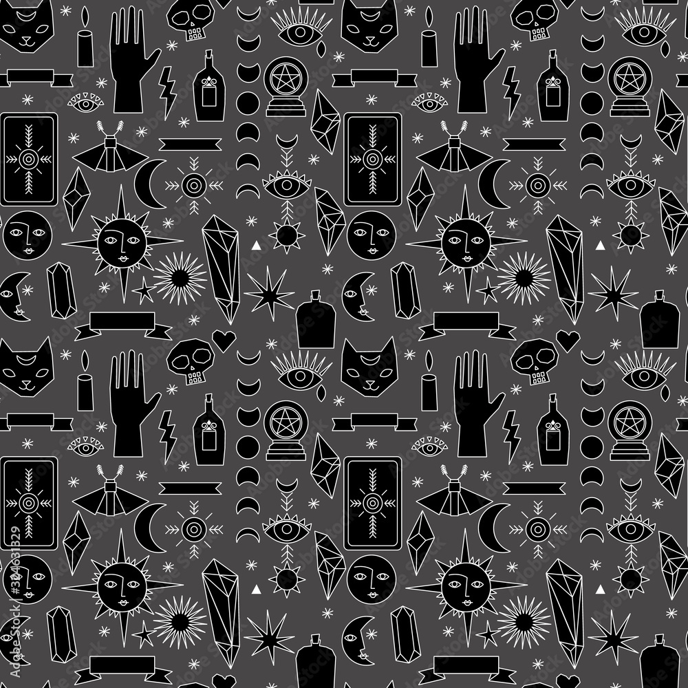 Vector black and white occult witch and magic repeat seamless pattern