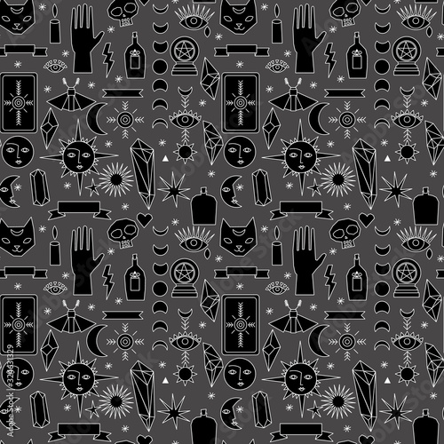 Vector black and white occult witch and magic repeat seamless pattern background. Perfect for fabric, print on demand, wallpapers and grafting projects.