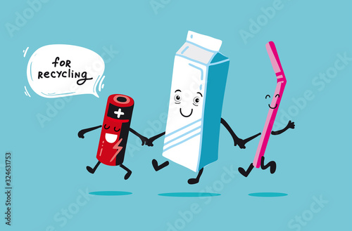 No plastic! Garbage for recycling. Vector flat illustration for World Environment Day. Zero waste. Characters battery,  packaging,  straw are fun to recycle. Cartoon style,  kawaii. design for poster