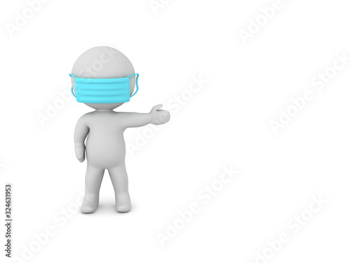 3D Character wearing medical mask and showing to the right photo