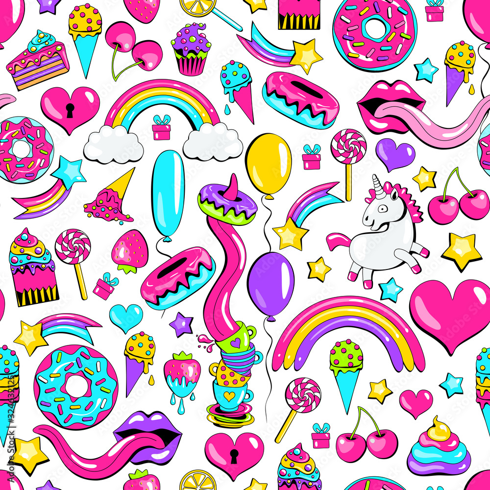 crazy doodle sweet pattern. unicorns, rainbows, donuts and sweets. fairy seamless pattern. Texture for fabric, wrapping, wallpaper. Decorative print.