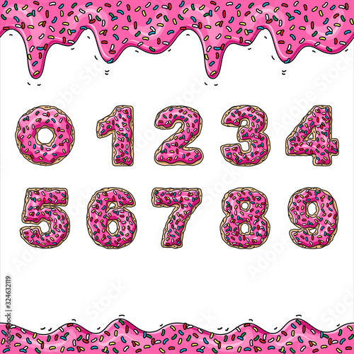 Bakery sweet numbers with pink glaze donut. Vector poster