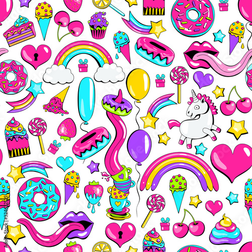 crazy doodle sweet pattern. unicorns  rainbows  donuts and sweets. fairy seamless pattern. Texture for fabric  wrapping  wallpaper. Decorative print.