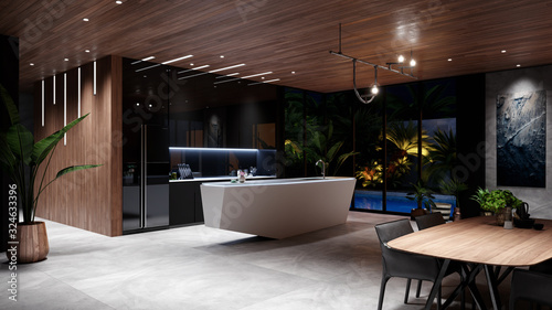 Modern Luxury Kitchen Interior,  Evening 3D Rendering