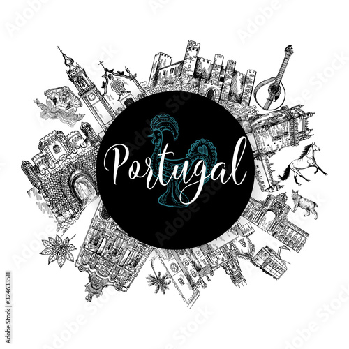 Poster card composition of hand drawn sketch style Portugal related objects isolated on white background. Vector illustration.