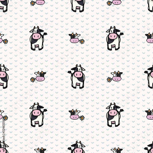 Hand drawn dairy cute cow with daisy carton seamless vector pattern. Kawaii horned livestock mammal. Domesticated cattle on blue gingham background. Natural farmyard calf all over print. 