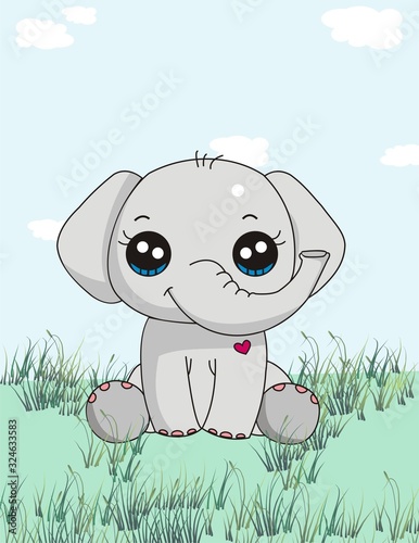 illustration of baby elephant, cute smiling little elephant cartoon, kids drawing, elephant sitting in ground , playing baby elephant in the garden