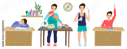 Daily routine of a kid. Day activities in life or school. Vector flat isolated illustration