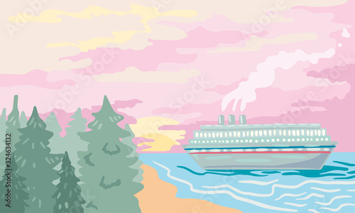 Cruise ship near the shore on a sunset background. Vector illustration