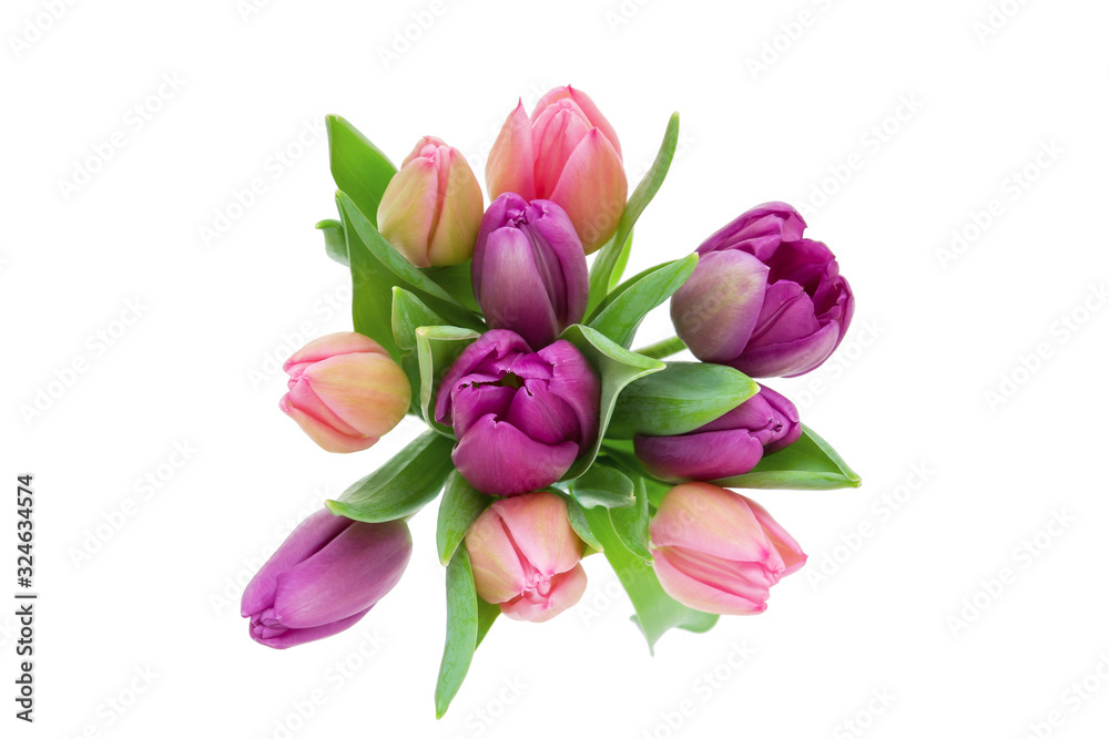 Pink and purple Tulip bouquet with green leaves isolated on white background, top view Pink and purple Tulip bouquet with green leaves isolated on white background, top view