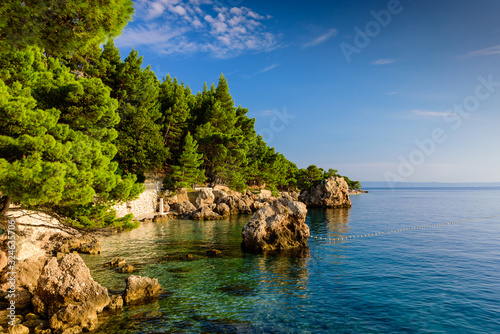 picturesque Adriatic coast. The bay in Brela resort town with turquoise water, Dalmatia region, Croatia