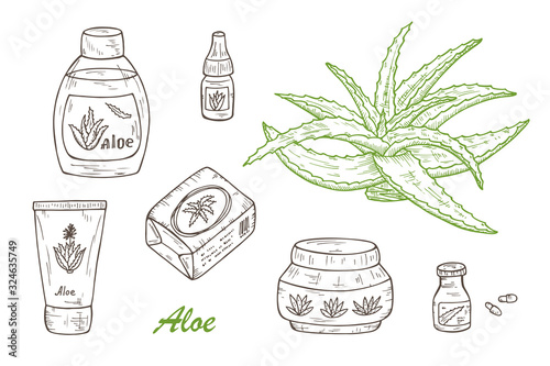 Health and beauty Vector set: Cosmetic bottles and packaging. Hand drawn Aloe cosmetics and Aloe Vera plant. Alternative medicine, treatment and body care with aloe ingredients. Vector illustration