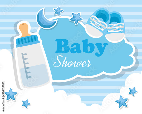 baby shower card with bottle milk and icons vector illustration design