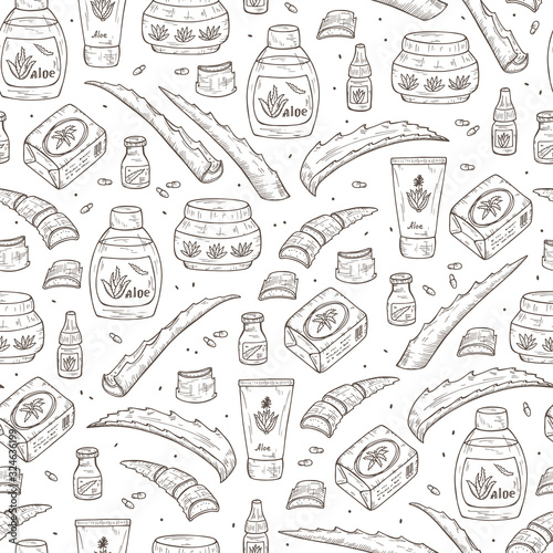 Health and beauty Vector background. Hand drawn Cosmetics and medicaments made from Aloe and Aloe Vera plant Seamless pattern. Alternative medicine, treatment and body care with aloe ingredients.