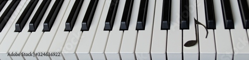 Panorama of a piano keyboard with a musical note