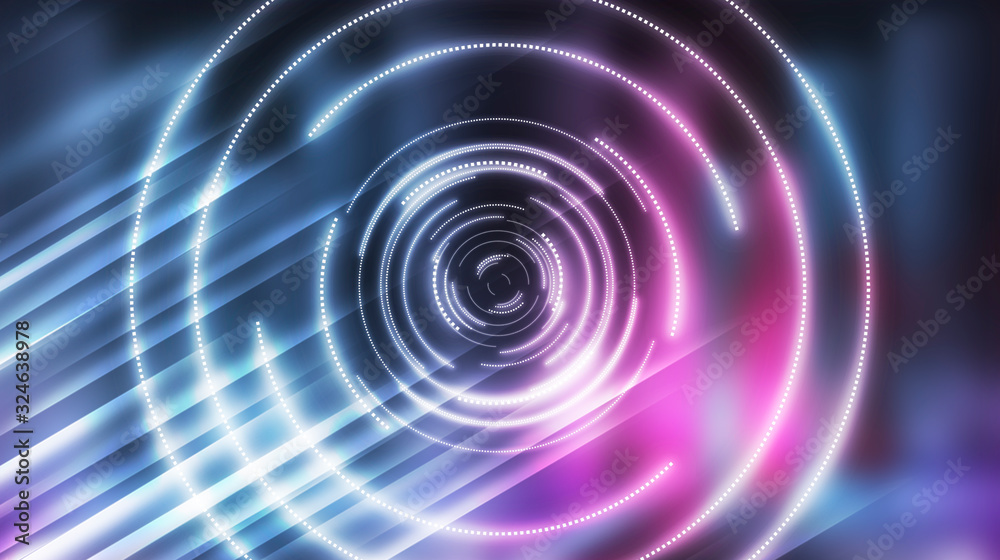 Dark futuristic neon background. Light center, neon circle. Rays and lines, geometric shapes. Dark futuristic neon background. Light center, neon circle. Rays and lines, geometric shapes.