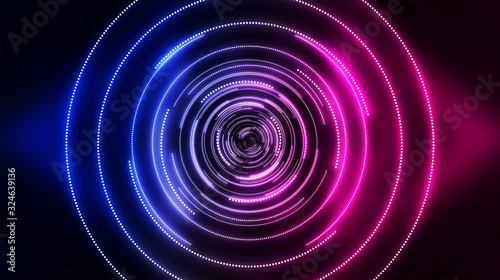 Dark futuristic neon background. Light center, neon circle. Rays and lines, geometric shapes.