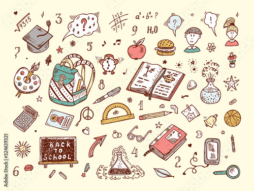 Back to school. Education items. Hand Drawn Doodle school supplies Vector Set.