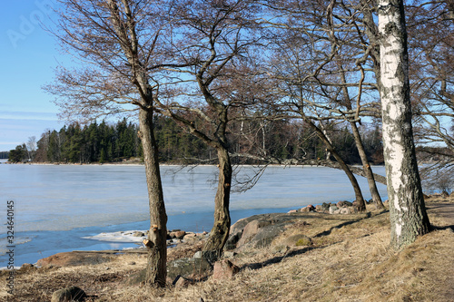 Beautiful landscape from Espoo  Finland. This photo shows the half-frozen Baltic Sea during spring with some trees and forest in the horizon. Blue sky. Relaxing and calm view. Color image.