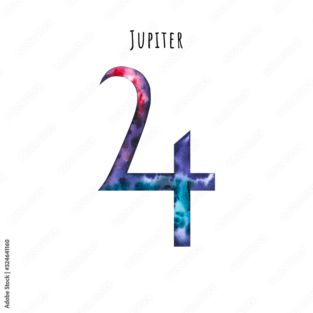 Obraz premium Watercolor symbol of Jupiter. Hand drawn illustration is isolated on white. Astrological sign is perfect for astrologer blog, horoscope background, astronomy design, cosmic card
