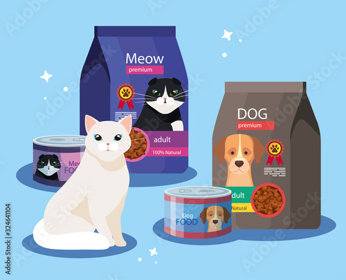 cat with bags of food for cat and dog vector illustration design