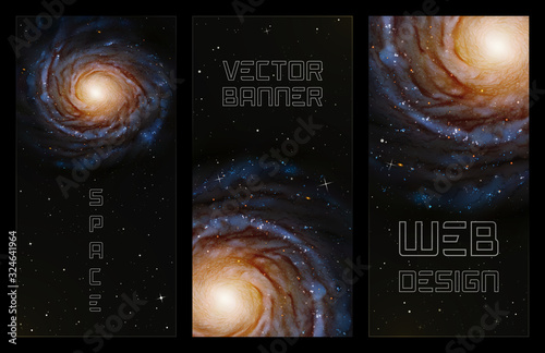 Set of vertical banners with spiral galaxy in outer space. Dark background with realistic astronomical object in cosmos. Can be used for website. Elements of this image furnished by NASA