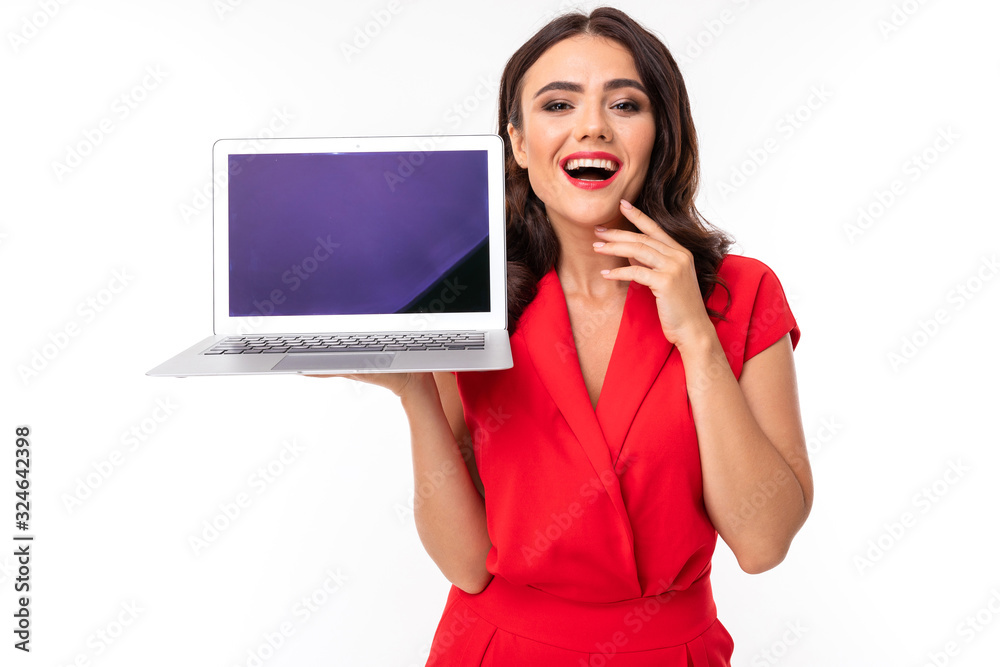 Portrait of nice caucasian girl works with laptop isolated on white background Portrait of nice caucasian girl works with laptop isolated on white background