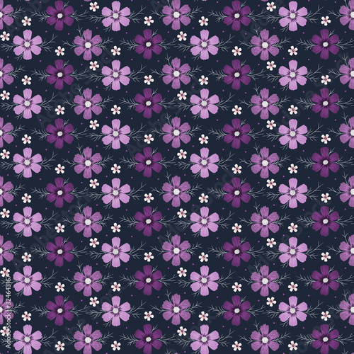 Vintage Floral Seamless Pattern. Cosmos Flower. Small Purple Flowers on Dark Background. Vector illustration