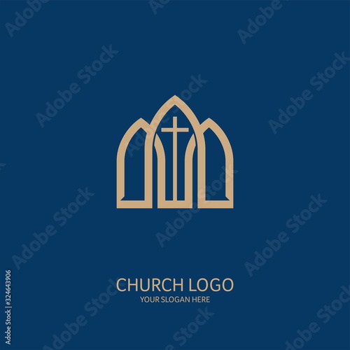 Church logo. Christian symbols. Cross of the Savior Jesus Christ on the background of the arches of the church.
