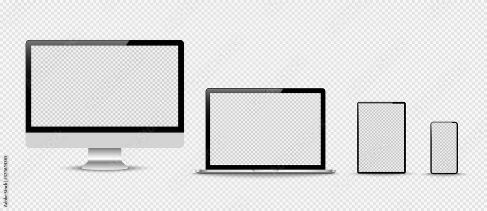 Set of compute, laptop, smartphone with empty screens. Design on transparent background. . Vector illustration - obrazy, fototapety, plakaty 
