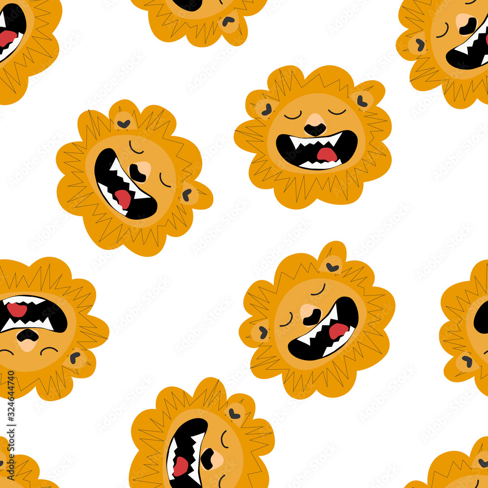 Seamless pattern Cute lion design as vector in cartoon style. Print or Poster Design for Kids, Card, Baby dishes, clothes, web sites, printed materials, wrapping paper