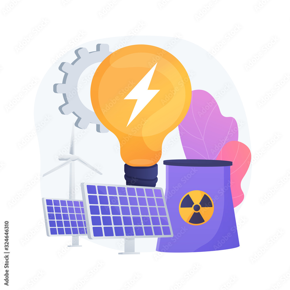 Eco friendly electricity. Wind farm, solar batteries, nuclear power
