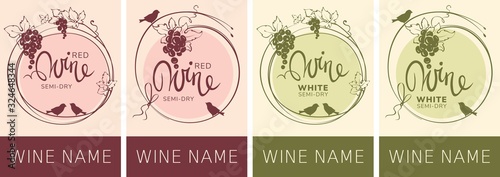 Wine labels with birds and grapes / Set vector illustration, floral design element