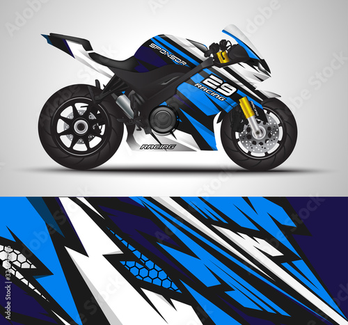 Racing motorcycle wrap decal and vinyl sticker design. Concept graphic abstract background for wrapping vehicles, motorsports, Sportbikes, motocross, supermoto and livery. Vector illustration.