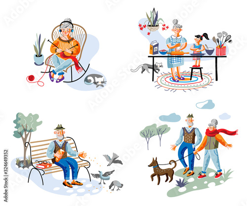 Elderly people rest and daily activity scene set